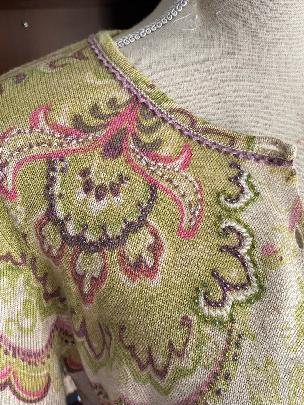 Sigrid Olsen Paisley Button-Front Long Sleeve Cardigan, in Green-Pink M EUC - Picture 10 of 14